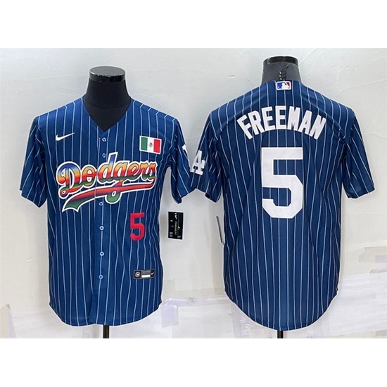 Men Los Angeles Dodgers #5 Freddie Freeman Navy Mexico Rainbow Cool Base Stitched Baseball Jersey