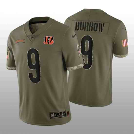 Men Cincinnati Bengals #9 Joe Burrow Olive 2022 Salute To Service Limited Stitched Jersey