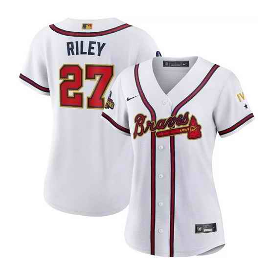 Women Atlanta Braves #27 Austin Riley 2022 White Gold World Series Champions Program Stitched Jersey