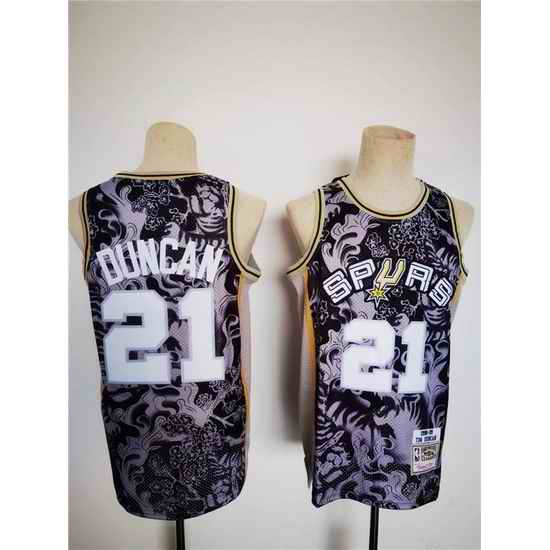 Men San Antonio Spurs 21 Tim Duncan 1998 99 Black Lunar New Year Tiger CNY 4 #0 Throwback Stitched Jersey