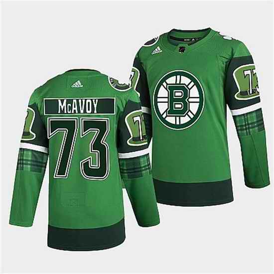 Men Boston Bruins #73 Charlie McAvoy 2022 Green St Patricks Day Warm Up Stitched jersey