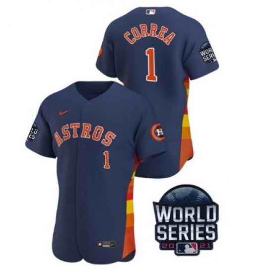 Men Houston Astros #1 Carlos Correa 2021 Navy World Series Flex Base Stitched Baseball Jersey