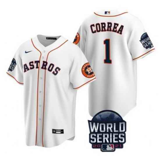 Men Houston Astros #1 Carlos Correa 2021 White World Series Cool Base Stitched Baseball Jersey