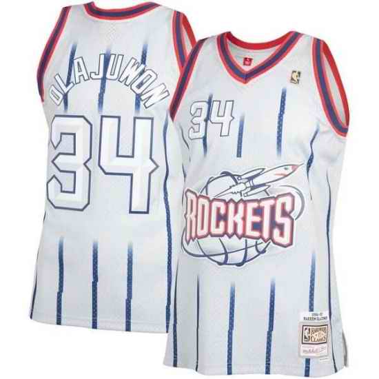 Men Houston Rockets 34 Hakeem Olajuwon Mitchell  #26 Ness White Classic Stitched Basketball Jersey
