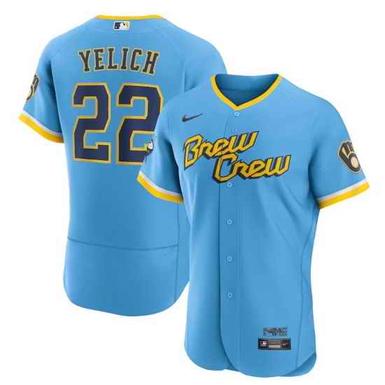 Men Milwaukee Brewers #22 Christian Yelich Powder Blue 2022 City Connect Flex Base Stitched MLB Jersey