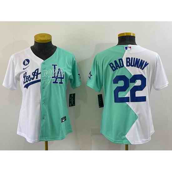 Women Los Angeles Dodgers #22 Bad Bunny 2022 All Star White Green Split Stitched Baseball Jerseys 28Run Small 29