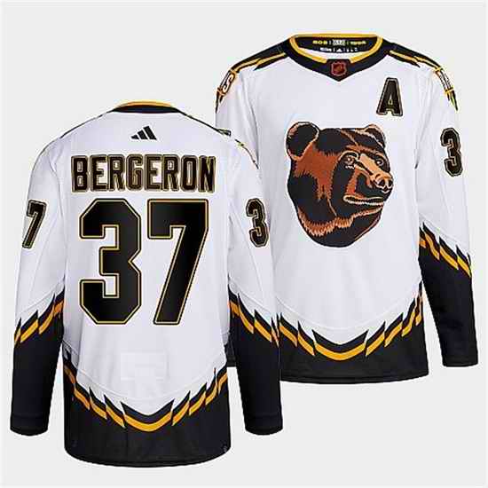 Men Boston Bruins #37 Patrice Bergeron White 2022 Reverse Retro Stitched Jersey