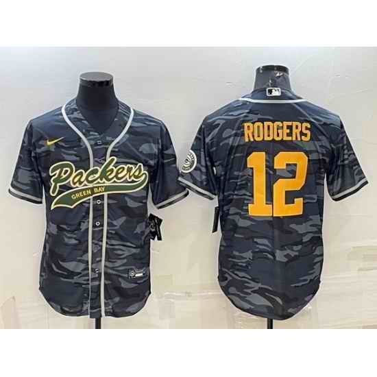 Men Green Bay Packers #12 Aaron Rodgers Grey Gold Camo With Patch Cool Base Stitched Baseball Jersey