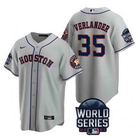 Men Houston Astros #35 Justin Verlander 2021 Grey World Series Cool Base Stitched Baseball Jersey