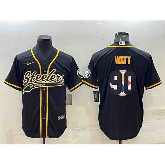 Men Pittsburgh Steelers #90 T J Watt Black Team Big Logo With Patch Cool Base Stitched Baseball Jersey