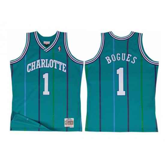 Men Charlotte Hornets #1 Muggsy Bogues Aqua Throwback Stitched Jerse