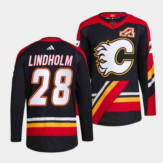 Men Calgary Flames 28 Elias Lindholm Black 2022 #23 Reverse Retro Stitched Jersey