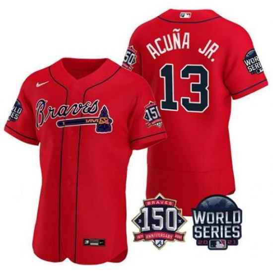 Men Atlanta Braves #13 Ronald Acuna Jr  2021 Red World Series With 150th Anniversary Patch Stitched Baseball Jersey