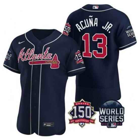 Men Atlanta Braves #13 Ronald Acuna Jr  2021 Navy World Series With 150th Anniversary Patch Stitched Baseball Jersey