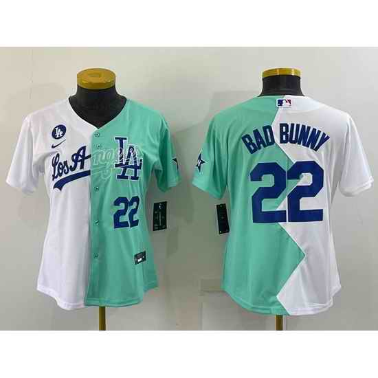 Women Los Angeles Dodgers #22 Bad Bunny 2022 All Star White Green Split Stitched Baseball Jersey 28Run Small 29