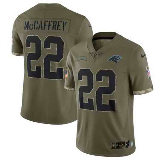Men Carolina Panthers #22 Christian McCaffrey Olive 2022 Salute To Service Limited Stitched Jersey
