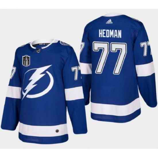 Men Tampa Bay Lightning #77 Victor Hedman 2022 Blue Stanley Cup Final Patch Stitched Jersey