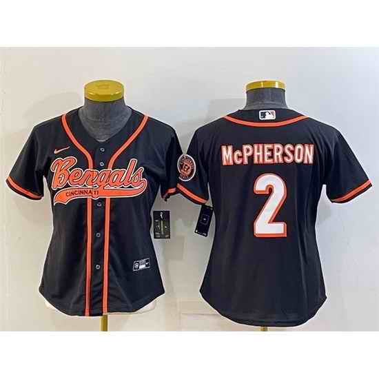 Women Cincinnati Bengals #2 Evan McPherson Black With Patch Cool Base Stitched Baseball Jersey