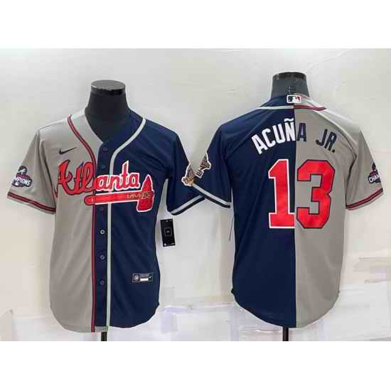 Men Atlanta Braves #13 Ronald Acuna Jr  Gray Navy Two Tone Split Cool Base Stitched Baseball Jersey