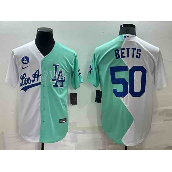 Men Los Angeles Dodgers #50 Mookie Betts 2022 All Star White Green Cool Base Stitched Baseball Jersey