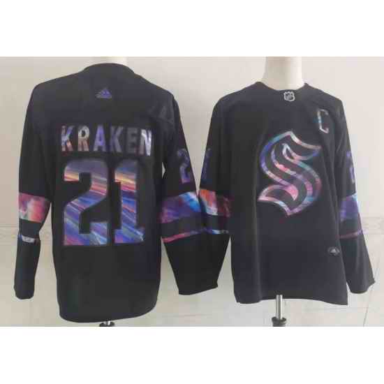Men Seattle Kraken #21 Kraken Black Iridescent Holographic Authentic Jersey