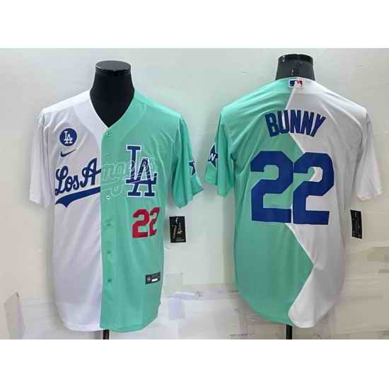 Men Los Angeles Dodgers  #22 Bad Bunny 2022 All Star White Green Cool Base Stitched Baseball Jersey