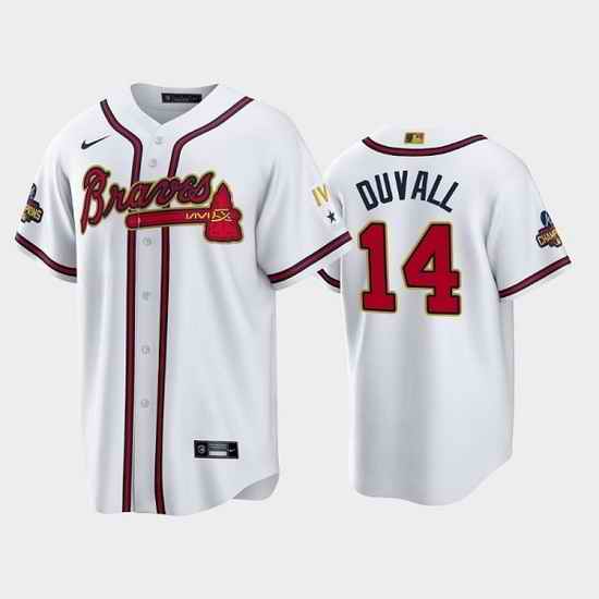 Men Atlanta Braves #14 Adam Duvall 2022 White Gold World Series Champions Program Cool Base Stitched Baseball Jerse