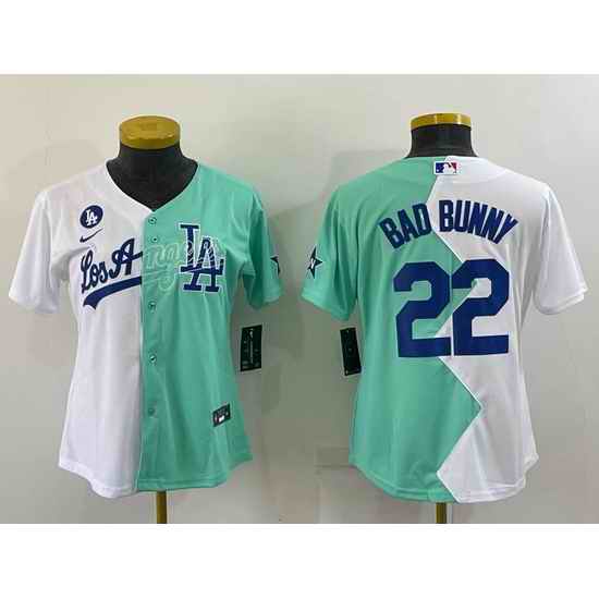 Youth Los Angeles Dodgers #22 Bad Bunny 2022 All Star White Green Split Stitched Jerseys
