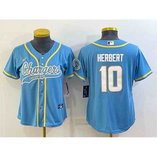 Women Los Angeles Chargers #10 Justin Herbert Blue With Patch Cool Base Stitched Baseball Jersey