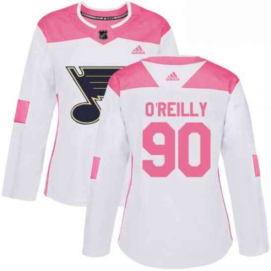Womens Adidas St Louis Blues #90 Ryan OReilly Authentic White Pink Fashion NHL Jerse