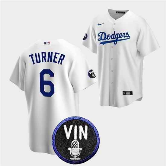 Men Los Angeles Dodgers #6 Trea Turner 2022 White Vin Scully Patch Cool Base Stitched Baseball Jersey