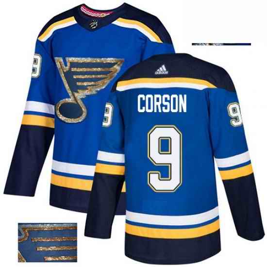 Mens Adidas St Louis Blues #9 Shayne Corson Authentic Royal Blue Fashion Gold NHL Jersey