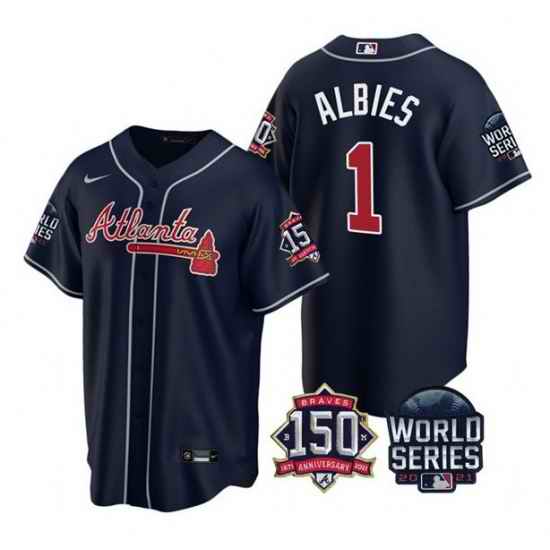 Men Atlanta Braves #1 Ozzie Albies 2021 Navy World Series With 150th Anniversary Patch Cool Base Stitched Jersey