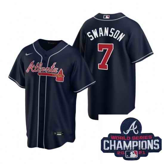 Men Nike Atlanta Braves #7 Dansby Swanson Navy Alternate Stitched Baseball Stitched MLB 2021 Champions Patch Jersey