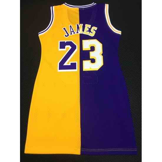 Women Los Angeles Lakers #23 Lebron James Dress Stitched Jersey Yellow Purple Split II