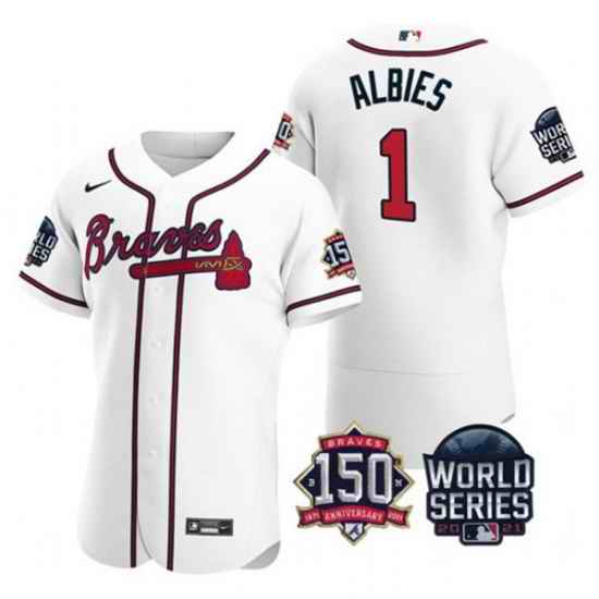 Men Atlanta Braves #1 Ozzie Albies 2021 White World Series With 150th Anniversary Patch Stitched Baseball Jersey