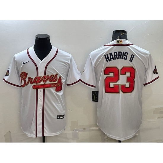 Men Atlanta Braves #23 Michael Harris II White Gold World Series Champions Program Cool Base Stitched Baseball Jersey