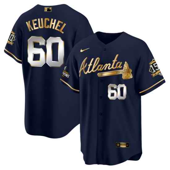 Men Atlanta Braves #60 Dallas Keuchel 2021 Navy Gold World Series Champions With 150th Anniversary Patch Cool Base Stitched Jersey