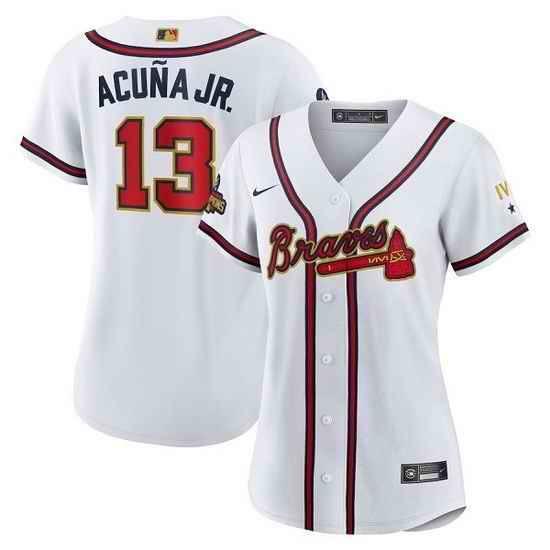 Women Atlanta Braves #13 Ronald Acu F1a Jr 2022 White Gold World Series Champions Program Stitched Jersey