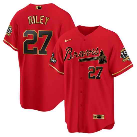 Men Atlanta Braves #27 Austin Riley 2021 Red Gold World Series Champions With 150th Anniversary Patch Cool Base Stitched Jersey