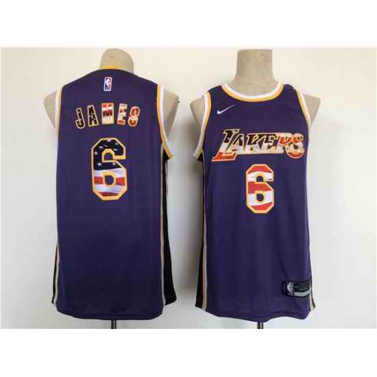 Men Los Angeles Lakers #6 LeBron James Purple USA Flag Stitched Basketball Jersey