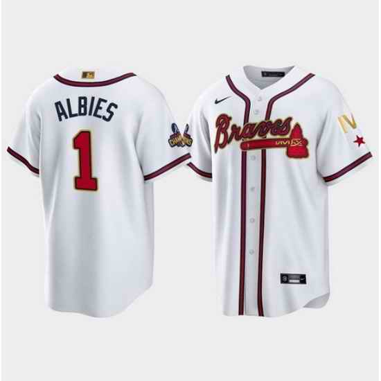 Youth Atlanta Braves #1 Ozzie Albies 2022 White Gold World Series Champions Program Cool Base Stitched Jersey