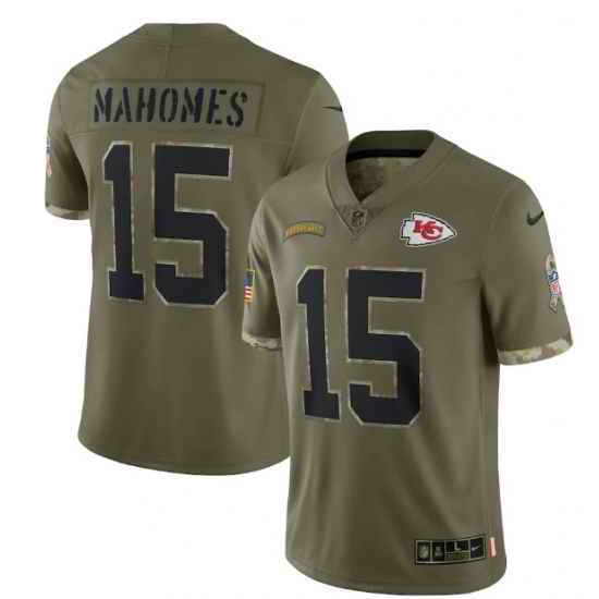 Men Kansas City Chiefs #15 Patrick Mahomes Olive 2022 Salute To Service Limited Stitched Jersey
