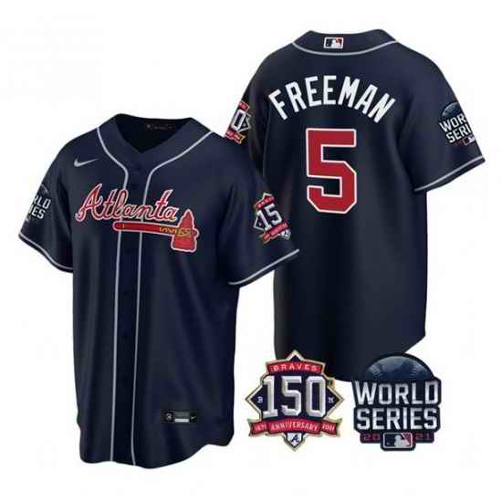Men Atlanta Braves #5 Freddie Freeman 2021 Navy World Series With 150th Anniversary Patch Cool Base Stitched Jersey
