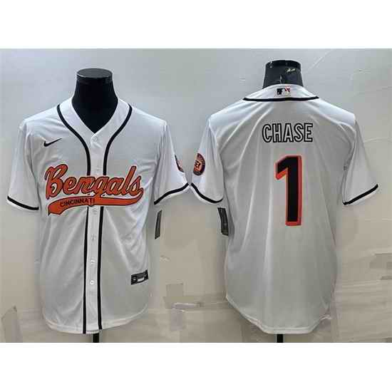 Men Cincinnati Bengals #1 Ja 27Marr Chase White With Patch Cool Base Stitched Baseball Jersey