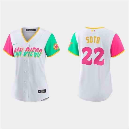 Women San Diego Padres #22 Juan Soto 2022 White City Connect Cool Base Stitched Baseball Jersey 28Run Small 291