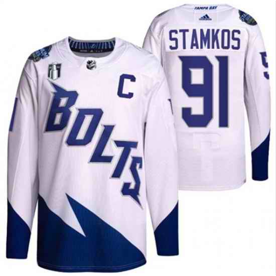 Men Tampa Bay Lightning #91 Steven Stamkos 2022 White Stanley Cup Final Patch Stitched Jersey
