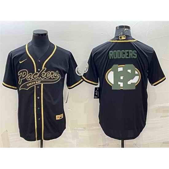 Men Green Bay Packers #12 Aaron Rodgers Black Team Big Logo With Patch Cool Base Stitched Baseball Jersey
