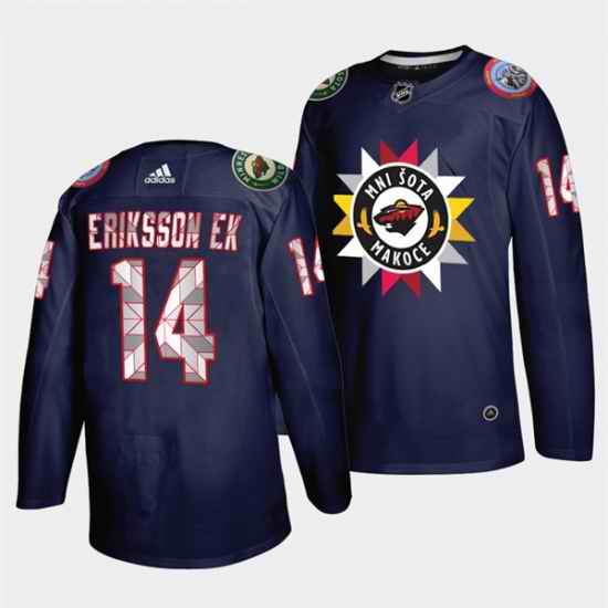 Men Minnesota Wild #14 Joel Eriksson Ek 2021 22 Navy Native American Heritage Day Stitched Jersey