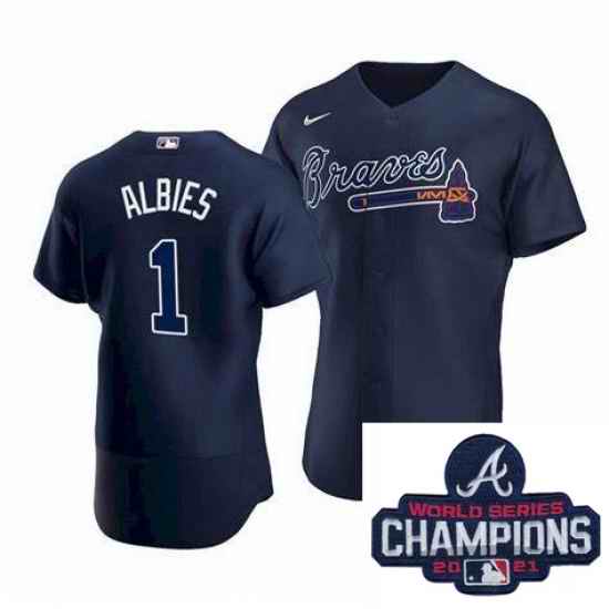 Men Nike Atlanta Braves #1 Ozzie Albies Navy Blue Home Stitched Baseball Stitched MLB 2021 Champions Patch Jersey